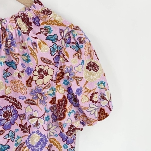 Ann Taylor Purple & Pink Batik Floral Tie Nape Puff Sleeve Blouse - Picture 6 of 11
